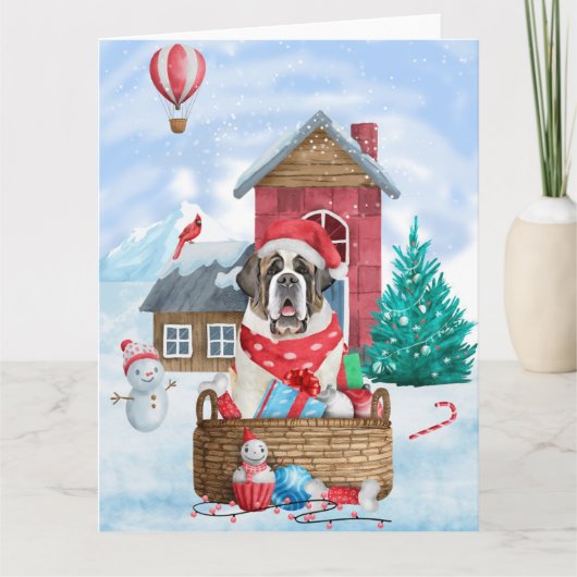 セントバーナード犬のクリスマス シーン 犬小屋と雪 カード (正面)