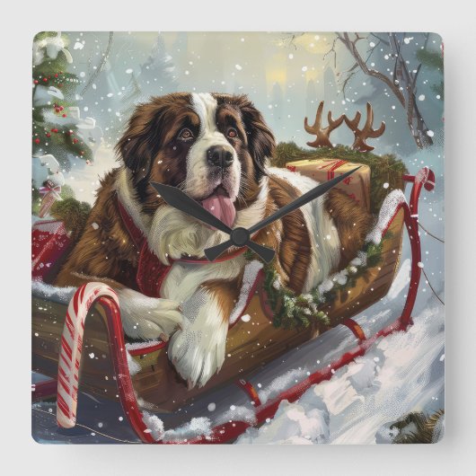 セントバーナード犬 クリスマス フェスティブ スクエア壁時計 (正面)
