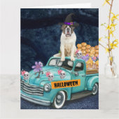 セントバーナード犬 ハロウィントラック 怖い夜 カード (黄色い花)