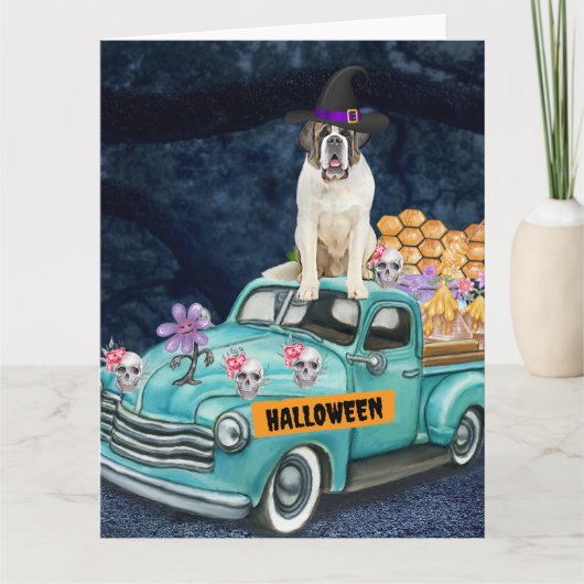 セントバーナード犬 ハロウィントラック 怖い夜 カード (正面)
