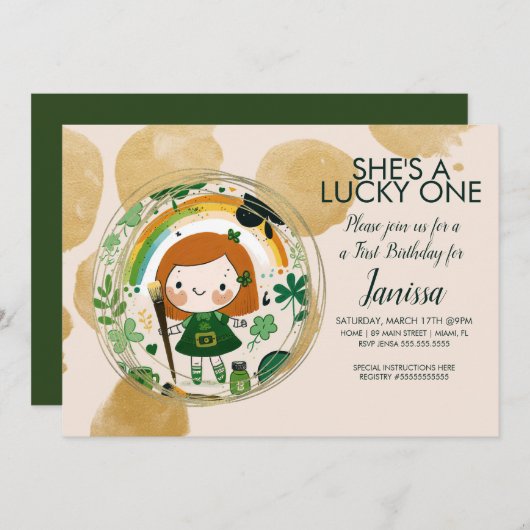 セントパッツラッキー誕生日ガールシャームロックアーティスト 招待状 (正面/裏面)