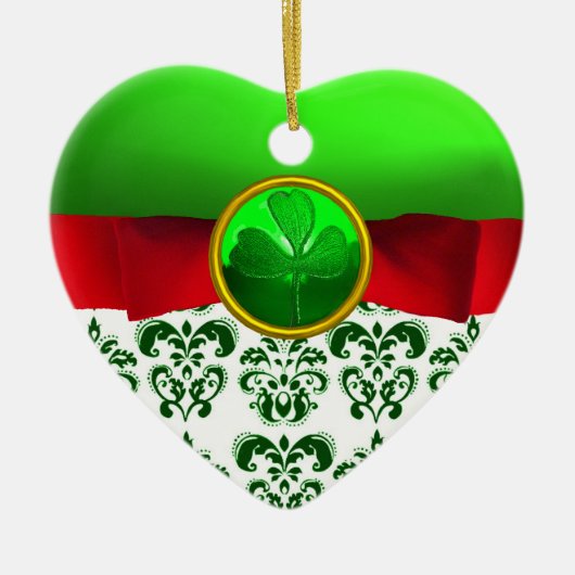 セントパトリックのケルトハートグリーンシャムロックモノグラム セラミックオーナメント (正面)