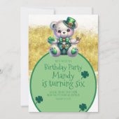 セントパトリックの日のくまの誕生日 ゴールド グリーン 招待状 (正面)