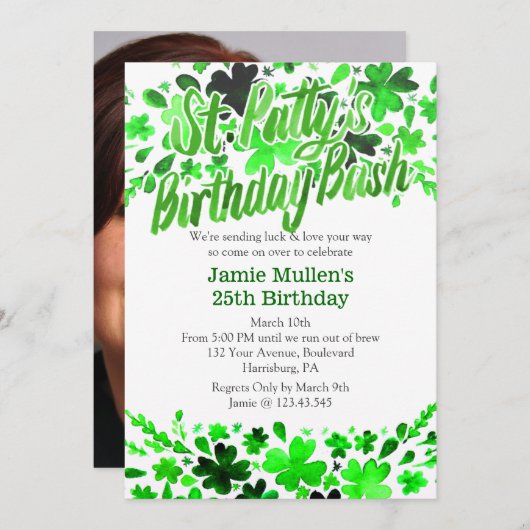 セントパトリックの日の誕生日の強打の水彩画 招待状 (正面/裏面)