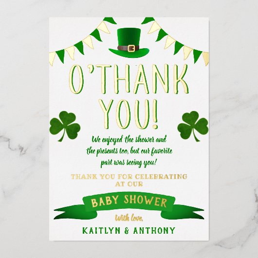 セントパトリックの日の赤ちゃんシャワーありがとうござ実在う 箔招待状 (正面)