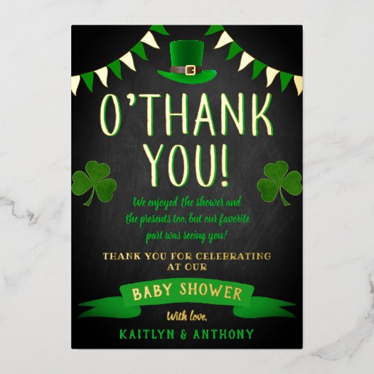 セントパトリックの日の赤ちゃんシャワーありがとうござ実在う 箔招待状 (正面)