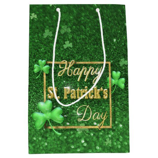 セントパトリックの日の金ゴールドシャムロック ミディアムペーパーバッグ (正面)