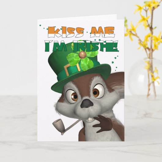 セントパトリックの日カード-かわいいリスと-キス カード (黄色い花)