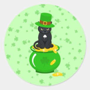 セントパトリックの日シャムロックポットの金ゴールドブラックキャット ラウンドシール