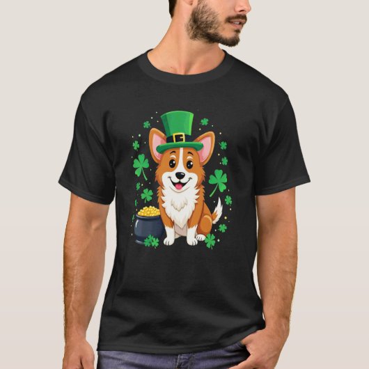 セントパトリックの日、コーギー犬 Tシャツ (正面)