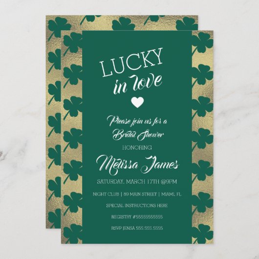 セントパトリックスラッキーブライダルシャワーグリーンシャームロック 招待状 (正面/裏面)