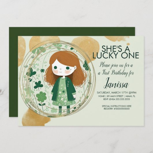 セントパトリックスラッキー誕生日ガールシャムロックパーティー 招待状 (正面/裏面)