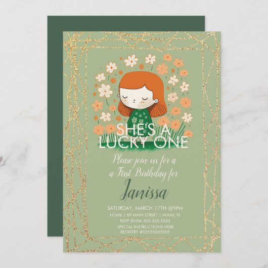 セントパトリックスラッキー誕生日ガールシャームロックグリッター 招待状 (正面/裏面)