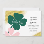 セントパトリックスラッキー1stバースデーグリーンピンク金ゴールド 招待状 (正面)