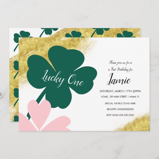 セントパトリックスラッキー1stバースデーグリーンピンク金ゴールド 招待状 (正面/裏面)