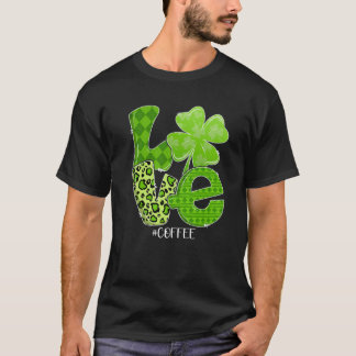 セントパトリックス・デー・ラブ・コーヒー・プレイド・レオパード・シャムロック Tシャツ