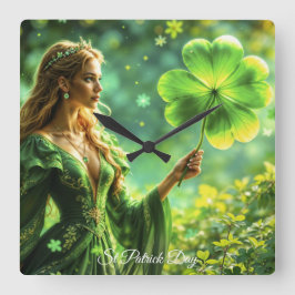 セントパトリックデイ神秘的プリンセスクローバー魔法 スクエア壁時計