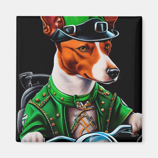 セントパトリックデーに自転車を運転するバセンジー犬 マグネット (正面)