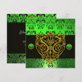 セントパトリックデーのケルトのハート 緑のダマスク 招待状 (正面/裏面)