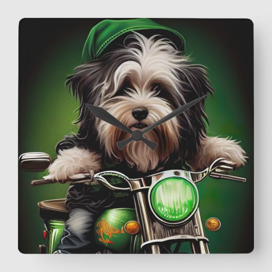 セントパトリックデーのハバニーズの犬の自転車 スクエア壁時計 (正面)