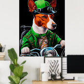 セントパトリックデーのバセンジー犬の自転車運転 ポスター (ホームオフィス)