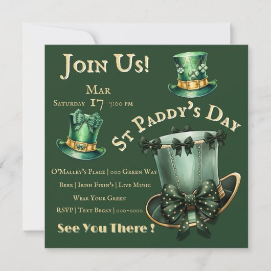 セントパトリックデーの帽子とリボンのパーティー 招待状 (正面)