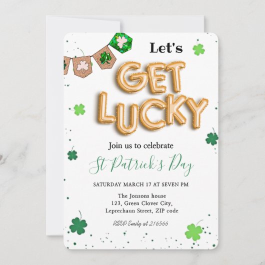 セントパトリックデーの緑のクローバー ラッキーパーティー 招待状 (正面)