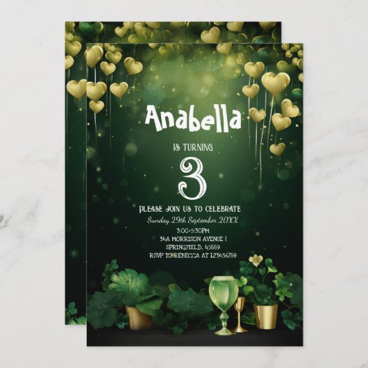 セントパトリック誕生日パーティーのクローバーとバルーン 招待状 (正面/裏面)
