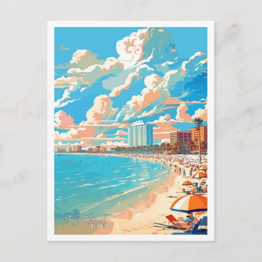 セントピートビーチフロリダヴィンテージトラベルイラストレーション ポストカード (正面)
