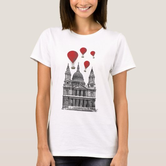 セントポールズ大聖堂と赤い熱気球 Tシャツ (正面)