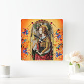 セントマリーマグダレンオレンジブルーフローラスワール スクエア壁時計 (ホーム)