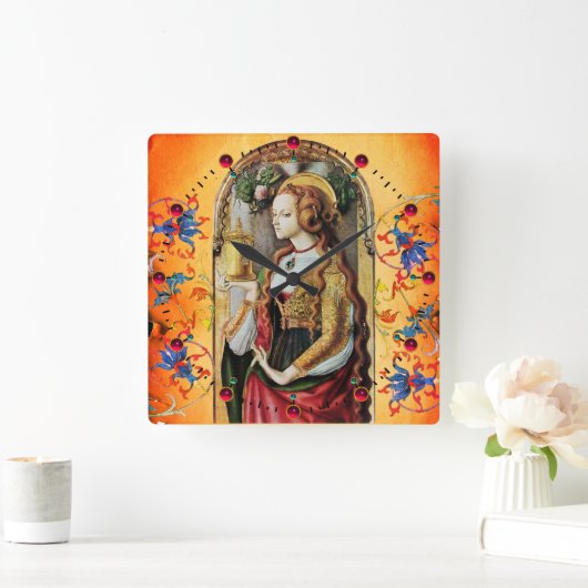 セントマリーマグダレンオレンジブルーフローラスワール スクエア壁時計 (ホーム)