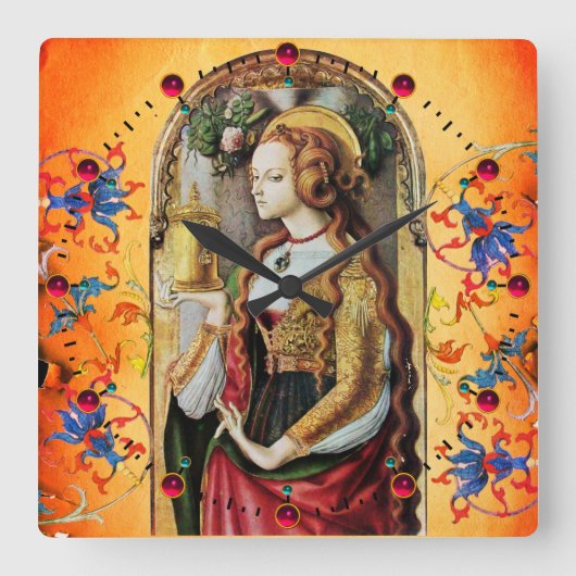 セントマリーマグダレンオレンジブルーフローラスワール スクエア壁時計 (正面)