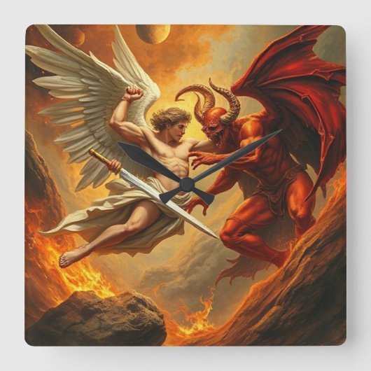 セントミカエル・ザ・アーチャンエルスレイズ・ザ・デビルクロック スクエア壁時計 (正面)