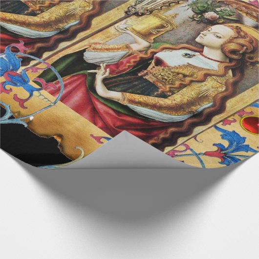 セントメアリーマグダレネブルーフローラパーチメントレッドジェム ラッピングペーパー (角)