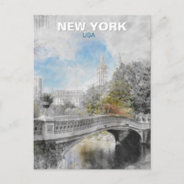 セントラルパークブリッジハガキ – 水彩ニューヨーク ポストカード