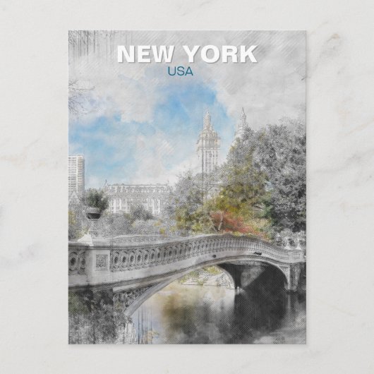 セントラルパークブリッジハガキ – 水彩ニューヨーク ポストカード (正面)