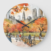 セントラルパーク、水彩画、AIで生成、 ラージ壁時計 (正面)