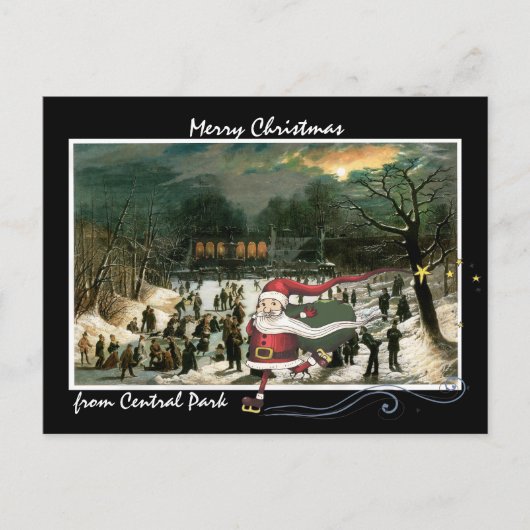 セントラル・パークの冬のアートワークにスケートで滑っているサンタ シーズンポストカード (正面)