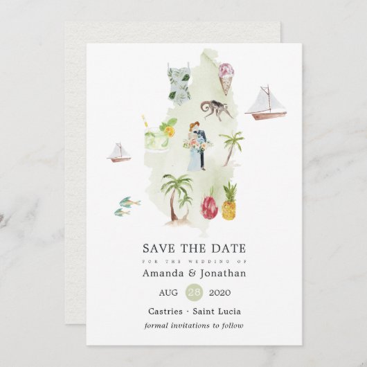 セントルシアの目的地の結婚式の水彩地図 セーブザデート (正面/裏面)