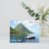 セントルシアのPitonsの前の高速モーターボート 案内ポストカード (スタンド正面)