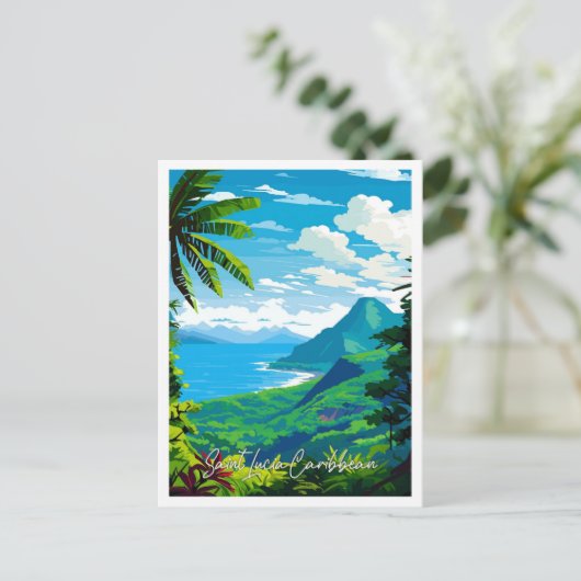 セントルシアカリブのヴィンテージ旅行イラストレーション ポストカード (スタンド正面)