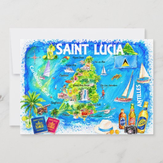 セントルシア カリブ海 水彩画 マップ ポストカード (正面)