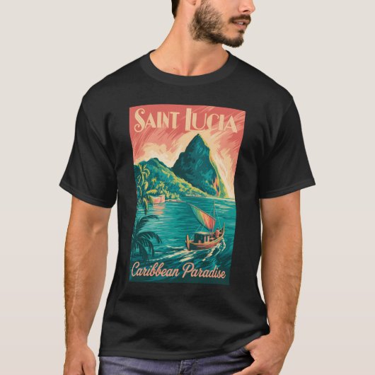 セントルシア ボート イラスト 旅行 アート ヴィンテージ Tシャツ (正面)