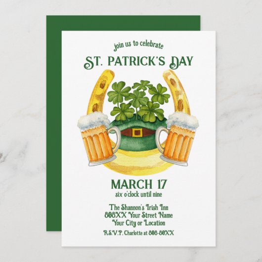 セント・パトリックの日ビアマグカップとラッキーホースシュー 招待状 (正面/裏面)