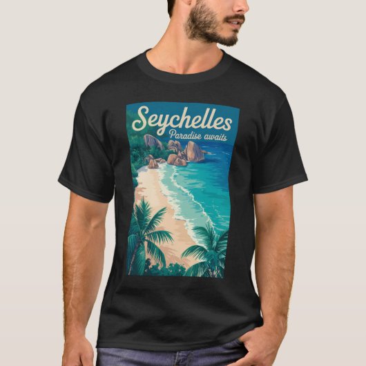 セーシェル ビーチ イラスト 旅行 アート ヴィンテージ Tシャツ (正面)