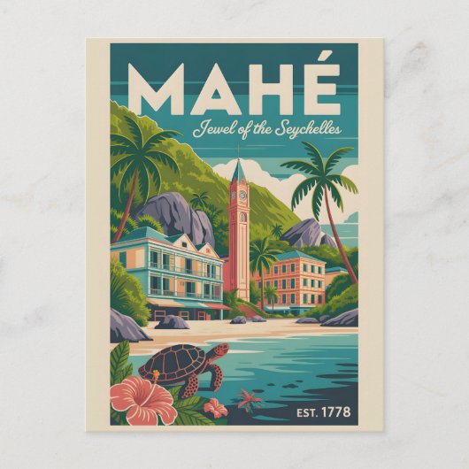 セーシェル・マヘ島のレトロな旅行ポスターアート ポストカード (正面)