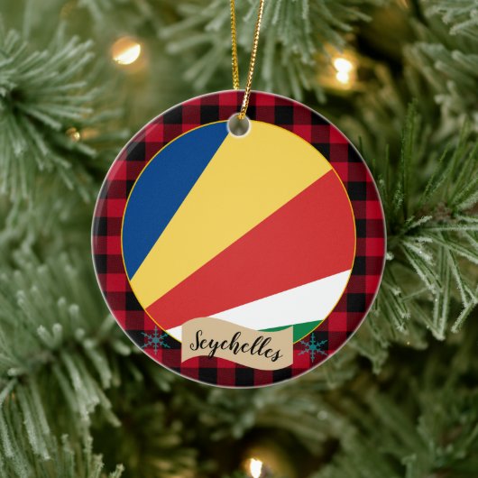 セーシェル、赤バッファロープレイド&セーシェル国旗 セラミックオーナメント (ツリー)