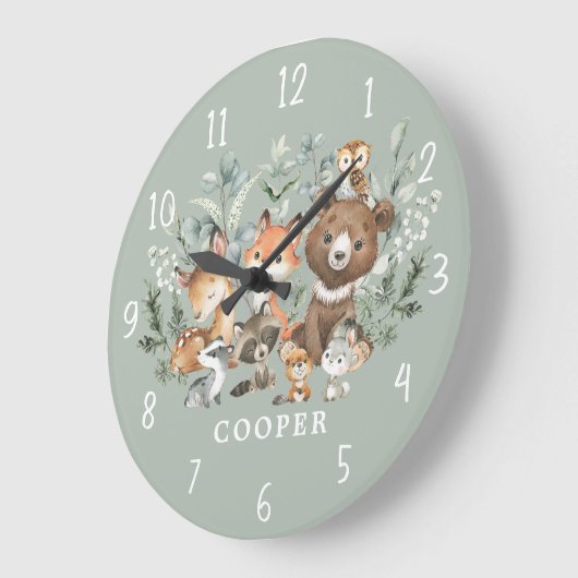 セージお洒落グリーンウッドランドアニマルズボーイ子供部屋 ラージ壁時計 (傾斜)