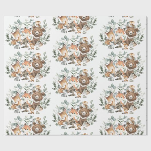 セージお洒落グリーンウッドランド森林動物 ラッピングペーパー (フラット)